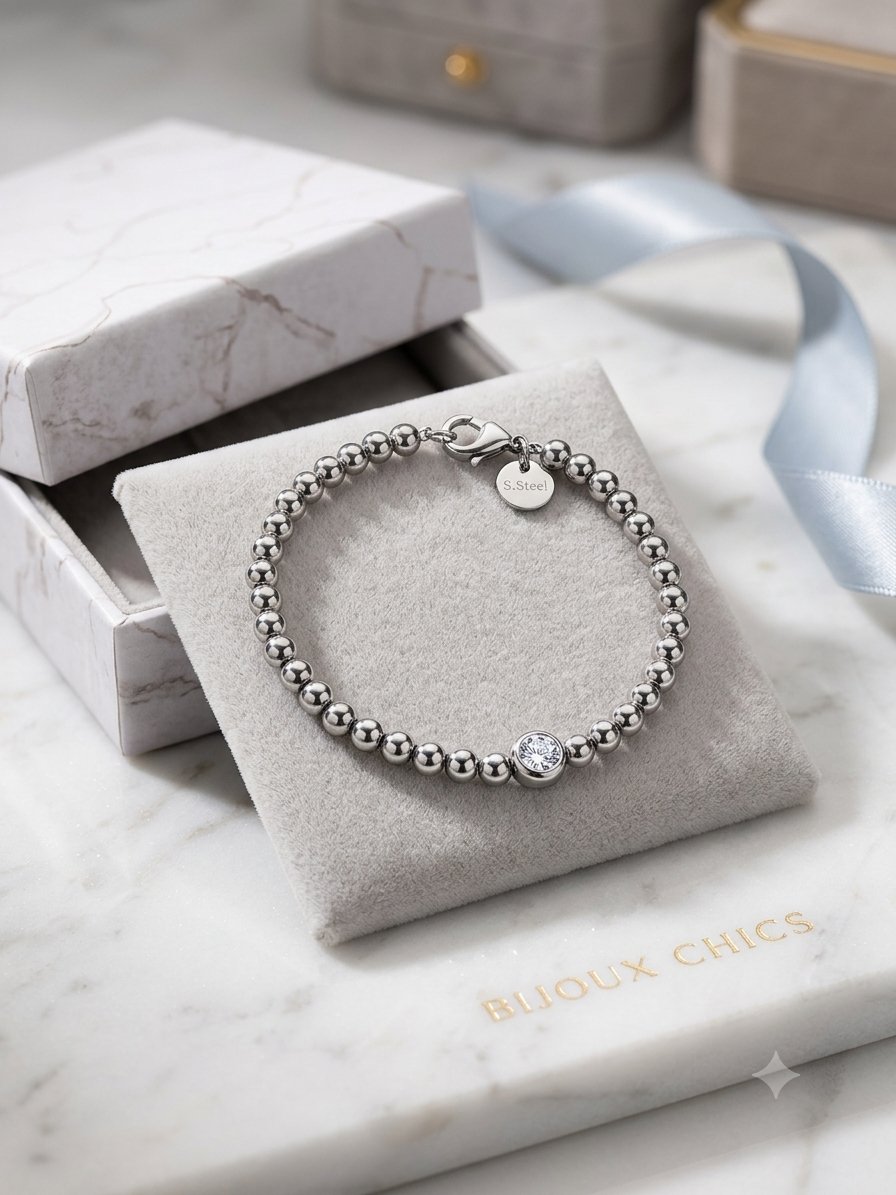 Bracelet Perles Argentées Solitaire Cristal