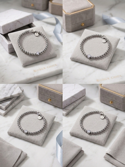 Bracelet Perles Argentées Solitaire Cristal
