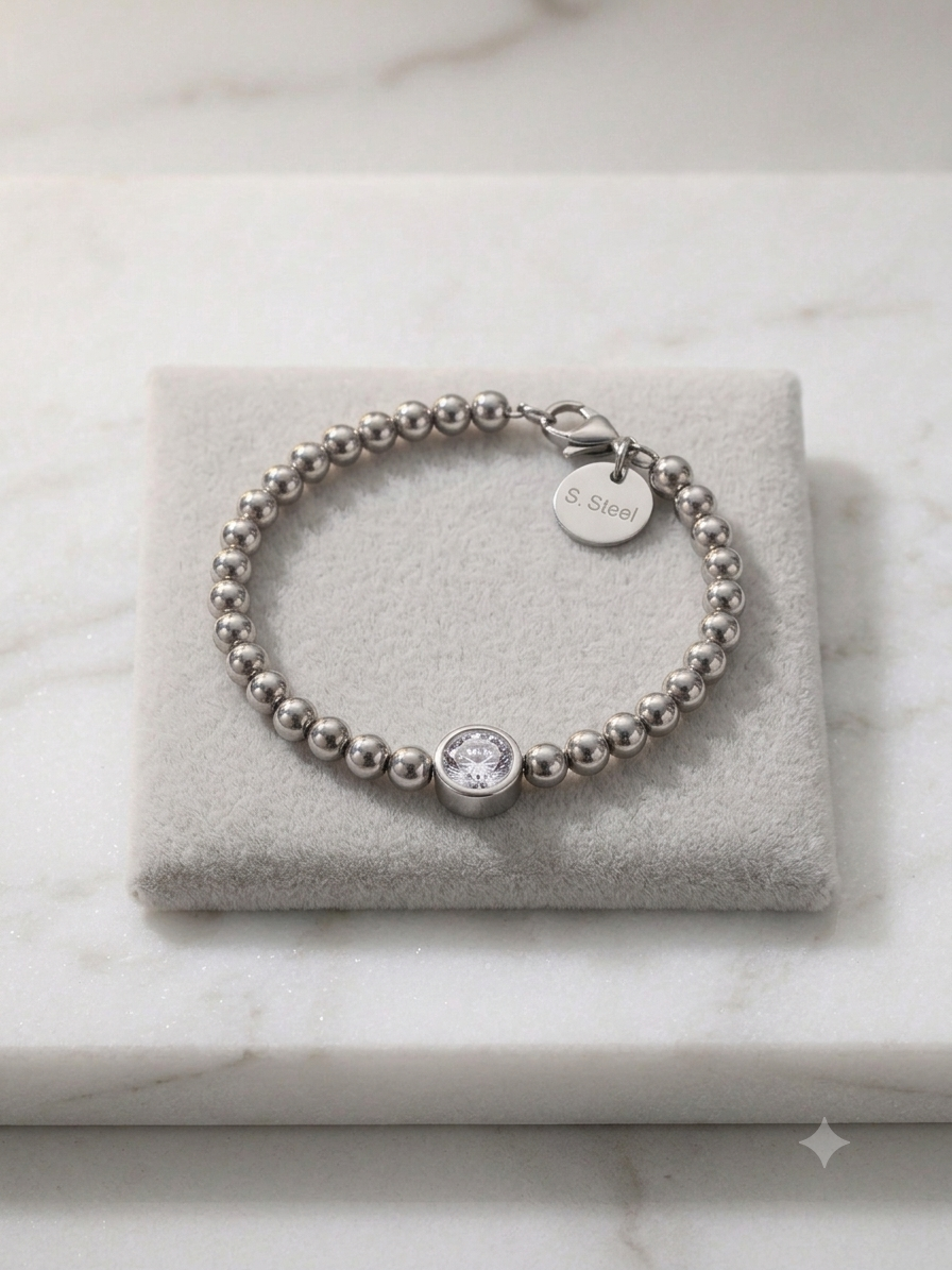 Bracelet Perles Argentées Solitaire Cristal