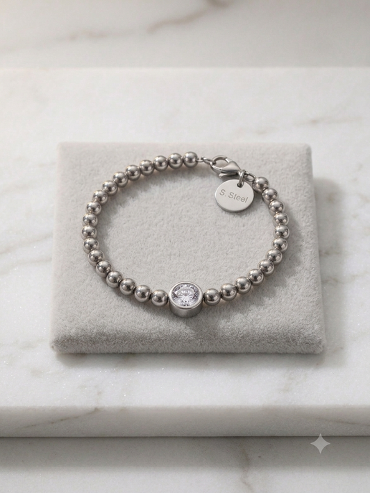 Bracelet Perles Argentées Solitaire Cristal